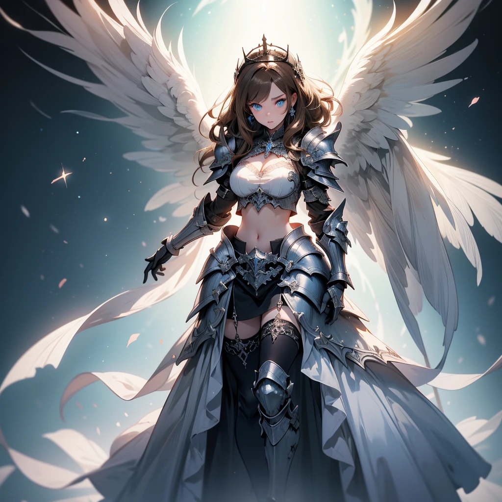 (((masterpiece)))(((highest quality)))(((8k resolution))) queen power armor , (gothic style), (full body shot1.2) , bellybutton, The most beautiful and sexy angel goddess, long light brown hair, glowing blue eyes, wearing intricate white gothic battle armor, angel wings, gothic castle. ((perfect illumination))