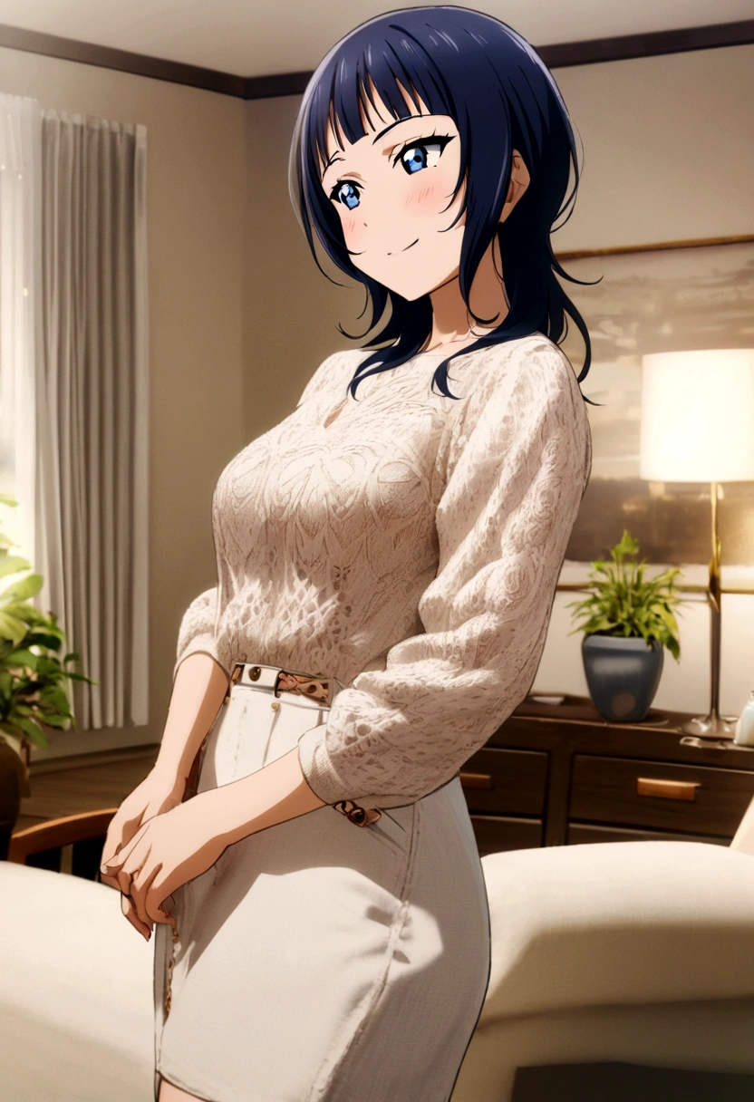 1girl, asaka karin, Love live nijigasaki, living room background, casual clothes, motherly vibes