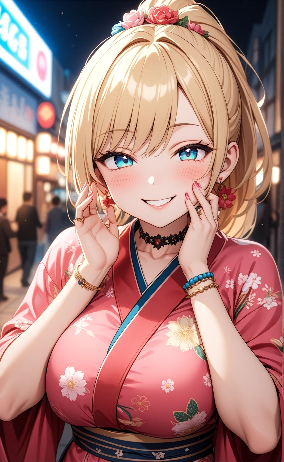 ((one personの女性)), Beautiful Face, Laughing embarrassedly,((Wink:2.3)),((She is holding her cheeks with both hands and has a joyful smile:2.0)),Laughing with your mouth open,((Red cheeks:1.4)),Lighting on the face,Glossy pink lips,night,rooftop,Festive decorations,You can see the ocean, firework,((Anime style background)),masterpiece, highest quality, so beautiful, Latest, Complex details, (Pink long nails),(ring),(flower bracelet),Floral choker,AI-generated, Complex,High resolution, highest quality, super high quality,3D Images、View your viewers、3D Images,one person,Long Blonde Hair,High Ponytail,Turquoise Eyes,Anime woman posing for a photo, (Fine grain,Colorful eyes,Shining Eyes:1.4),(Squint your eyes:1.1),a hyperRealistic , hyperRealistic , Realistic,Blonde anime woman with long hair, Smooth anime CG art, A woman in a colorful kimono with gold embroidery, (Pink kimono),Red floral pattern,Long flower hair ornament,Large floral earrings,(ring),(Big Breasts:1.1),Mature Body,Tall,Big Ass,Fine details,Narrow waist,Abdominal muscles,(Zoom in on face:1.1),