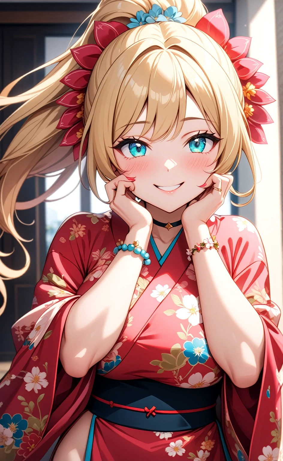 ((one personの女性)), Beautiful Face, Laughing embarrassedly,((Wink:2.3)),((She is holding her cheeks with both hands and has a joyful smile:2.0)),Laughing with your mouth open,((Red cheeks:1.4)),Lighting on the face,Glossy pink lips,night,rooftop,Festive decorations,You can see the ocean, firework,((Anime style background)),masterpiece, highest quality, so beautiful, Latest, Complex details, (Pink long nails),(ring),(flower bracelet),Floral choker,AI-generated, Complex,High resolution, highest quality, super high quality,3D Images、View your viewers、3D Images,one person,Long Blonde Hair,High Ponytail,Turquoise Eyes,Anime woman posing for a photo, (Fine grain,Colorful eyes,Shining Eyes:1.4),(Squint your eyes:1.1),a hyperRealistic , hyperRealistic , Realistic,Blonde anime woman with long hair, Smooth anime CG art, A woman in a colorful kimono with gold embroidery, (Pink kimono),Red floral pattern,Long flower hair ornament,Large floral earrings,(ring),(Big Breasts:1.1),Mature Body,Tall,Big Ass,Fine details,Narrow waist,Abdominal muscles,(Zoom in on face:1.1),
