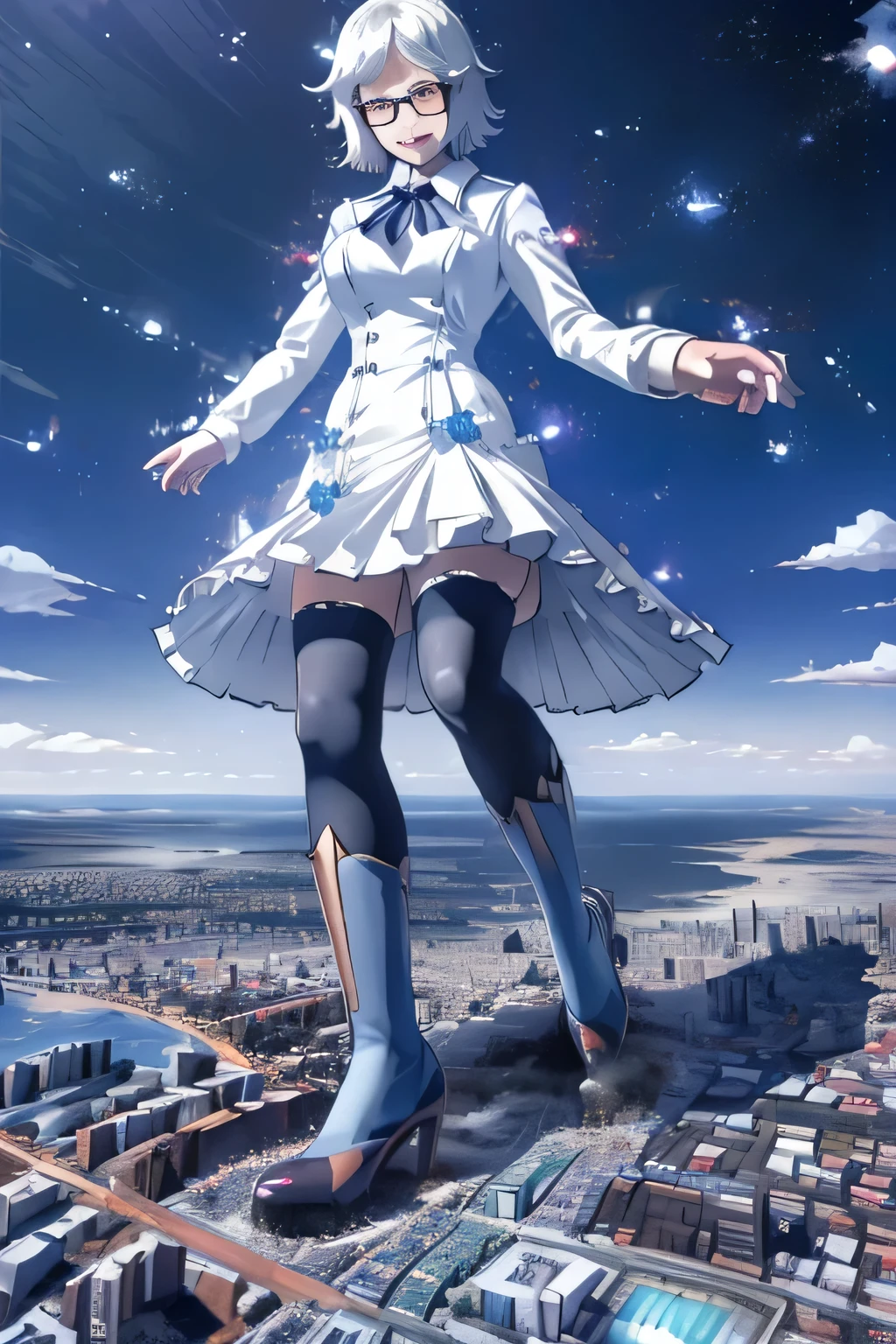 giantess art, highly detailed giantess shots, giantess, Two legs, Five fingers, short hair, A beautiful girl who is bigger than a skyscraper, Wearing rimless glasses, smile, huge breasts, blue base and white accents magical girl dress, bow, magical girl, holding a magical wand, black pantyhose, blue stiletto heels, thunderbolt from a magical wand, Destroying cities, Under heavy attack, A very small big city, Miniature metropolis, Full body description, GTS, giga giantess, stomping city, crash city, tiny city, micro city, pantyhose feet, High resolution, highest quality, masterpiece, peeing self, 