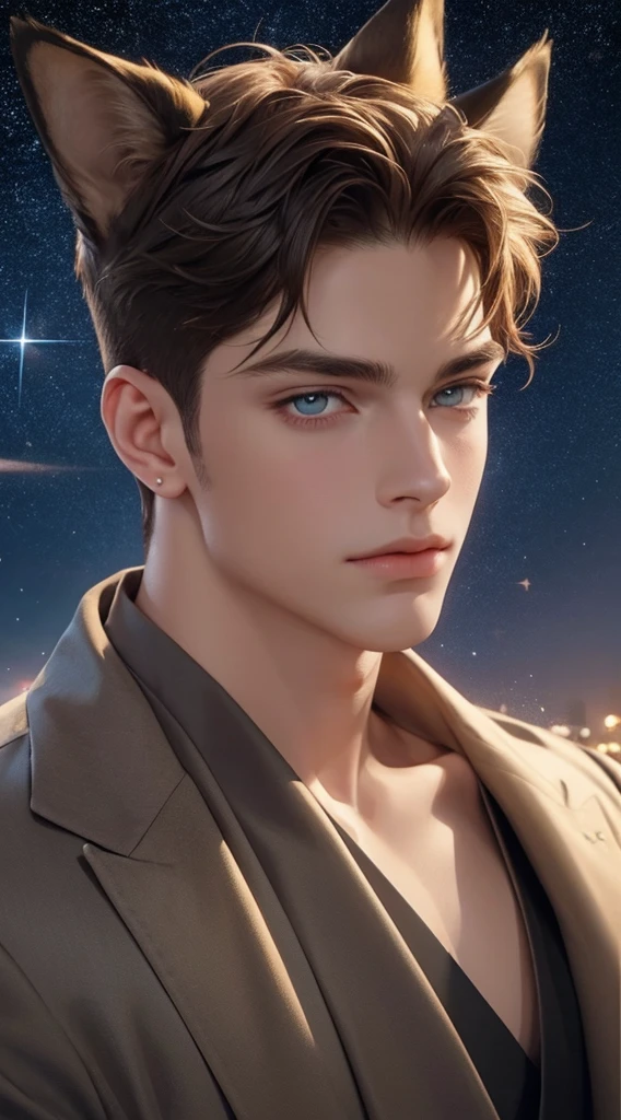 4K, High resolution, best quality, masterpiece, perfect color, perfect shade, perfect lighting, Posted by:e621, ((portrait)), ((handsome man)), perfect male figure, Short hair details,Detailed face, perfect face, (stand up), Detailed background, ((Bonifasco Lighting)), (exquisite eyes),((Animal ears)),((Hair like stars,sparkling)),starry sky,sea,beach