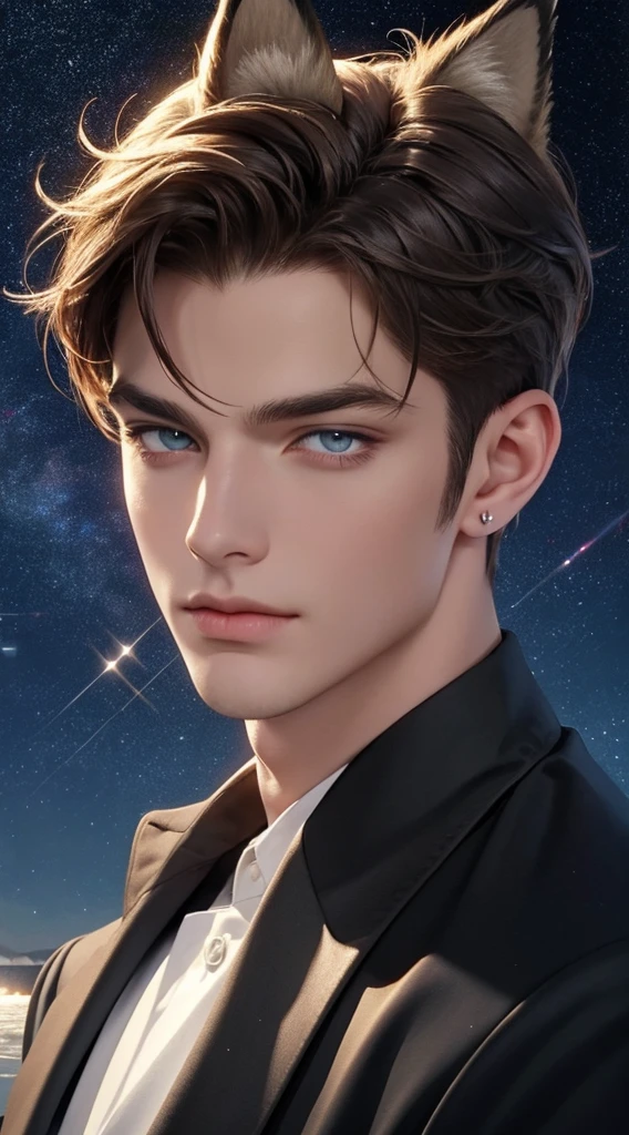4K, High resolution, best quality, masterpiece, perfect color, perfect shade, perfect lighting, Posted by:e621, ((portrait)), ((handsome man)), perfect male figure, Short hair details,Detailed face, perfect face, (stand up), Detailed background, ((Bonifasco Lighting)), (exquisite eyes),((Animal ears)),((Hair like stars,sparkling)),starry sky,sea,beach