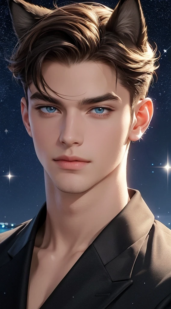 4K, High resolution, best quality, masterpiece, perfect color, perfect shade, perfect lighting, Posted by：e621, ((portrait)), ((handsome man)), perfect male figure, Short hair details，Detailed face, perfect face, (stand up), Detailed background, ((Bonifasco Lighting)), (exquisite eyes),((Animal ears)),((Hair like stars，sparkling)),starry sky,sea，beach