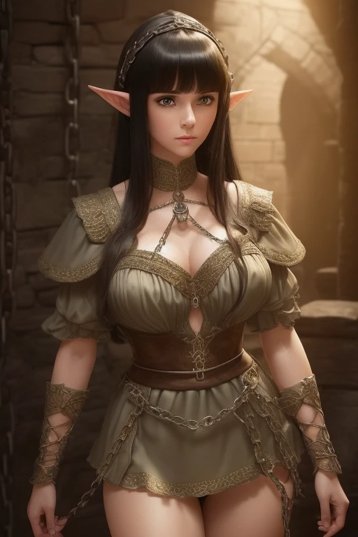 ((Medieval fantasy setting)). Tags: super detail, high details, high quality, best quality, highres, 4K, detailed face, face fix, detailed hands, detailed fingers, portret, 1girl "Echo is a 22-year-old half-elf. She has light brown skin. Thick light chestnut hair with caramel highlights and soft waves. Brown eyes with green hues. Her beautiful face is oval with soft features and pronounced cheekbones. She has full and attractive lips with a natural blush. A slight scar over her right eyebrow. Her ears are small like a human's but pointed like an elf's. Her physique is athletic and slim, she toned and flexible. She has a round and elastic body shapes."
Clothing. Style: Long transparent dress with a deep neckline on the chest and an open back. In front - thin lace that barely covers the breasts, emphasizing their shape. The skirt is transparent, slightly covers the legs, creating the effect of a smooth transition from dark to transparent.
Color: Black or deep red.
Details: The dress has a thin belt at the waist, which emphasizes the figure. Lace inserts add sophistication and make the image both frank and elegant. Ideal for a night out on the town or for a romantic date.
Background: Medieval ballroom, luxurious decor, warm atmosphere.
Tags: ((covered hard nipples))