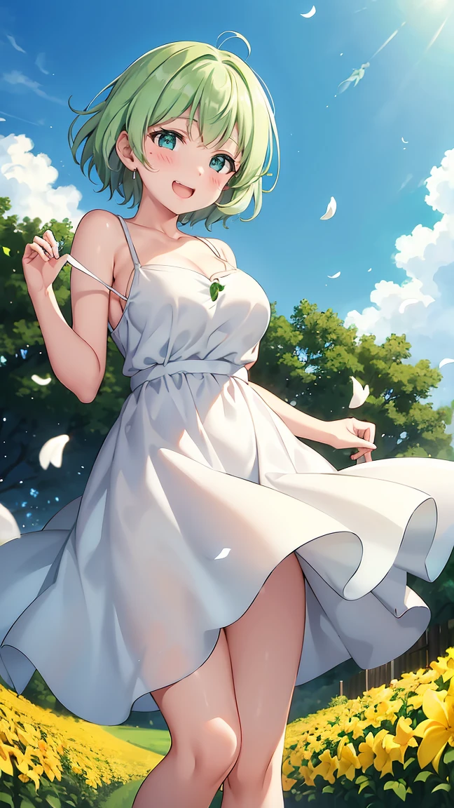 Girl with short green hair, Small size breasts, Small breasts、Green Eyes, White Casual Wear Beauty Special、(((tits))),Full body shot from head to toe、White dress、Colorful flower fields、Fluttering petals、A big smile when looking at the flowers、Uplifting、Swaying in the Wind、An incident caused by a gust of wind