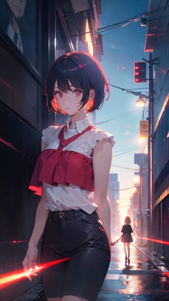girl with short bob hair,Red eyes ,A shining heaven,Walking in heaven