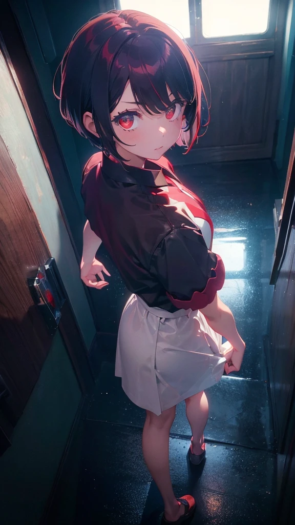girl with short bob hair,Red eyes ,A shining heaven,Walking in heaven