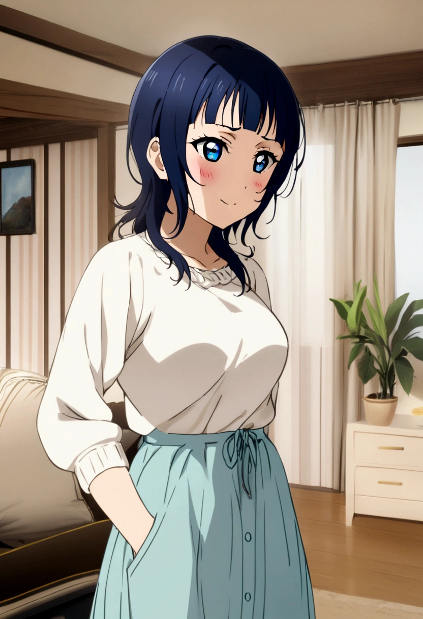 1girl, asaka karin, Love live nijigasaki, living room background, casual clothes, motherly vibes