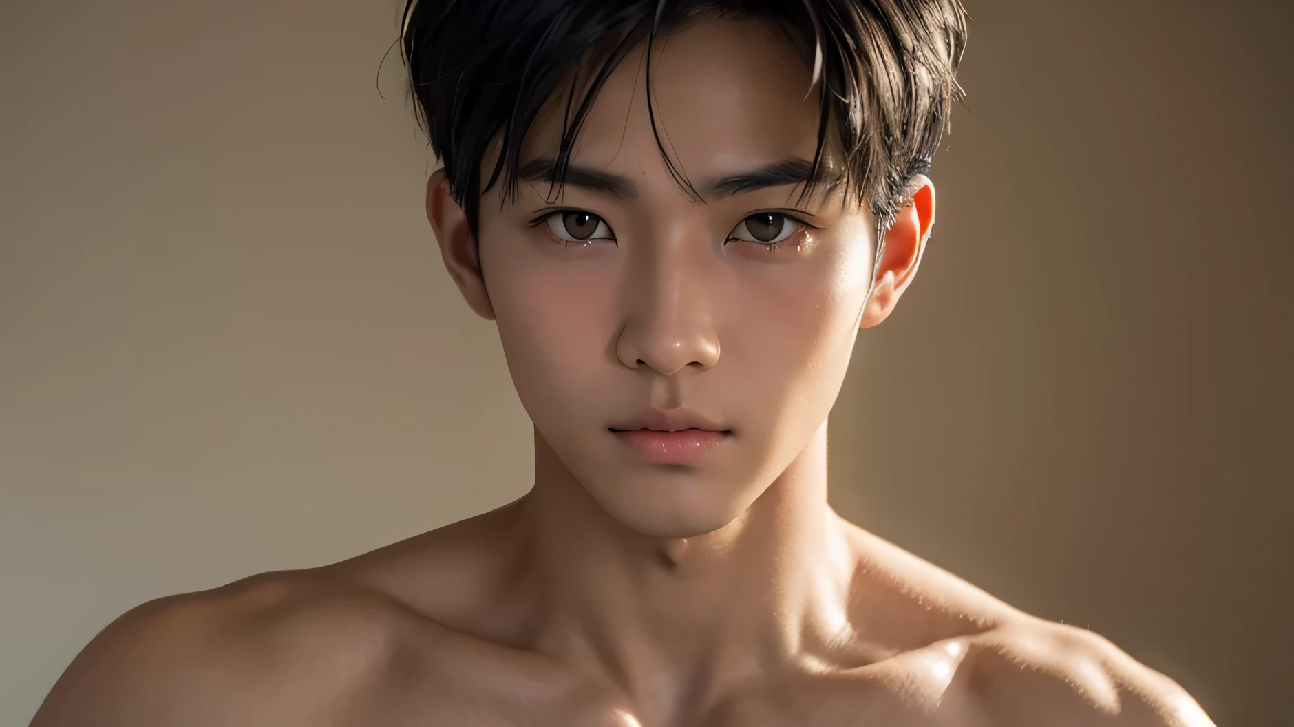 Handsome Japanese male model, Black Hair short hair Short cut Baby Face Staring straight into the camera with a stern look Beautiful Skin slim and muscular intense My eyes are watering blush Nude from the shoulders up front Facing no background No background front Facing