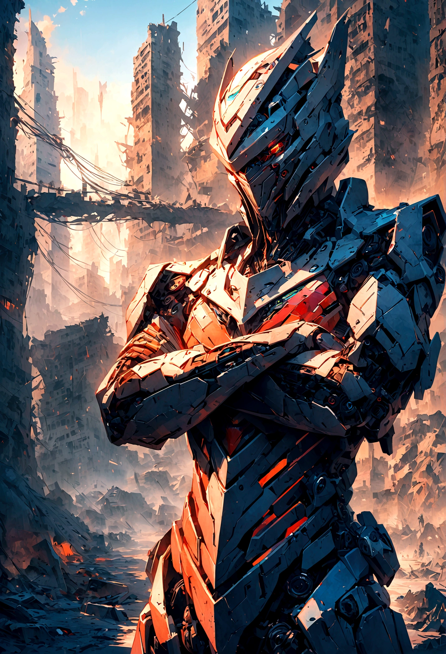 Highly sophisticated robots, Crossed arms in front of a destroyed city, Disgusted look, The bionic body is full of futuristic elements. (An extremely detailed，Arms Crossed，Standing in front of a destroyed city, Futuristic details on the bionic body.)