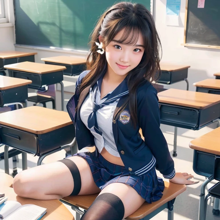 Top quality, Photorealistic, 8K, High definition, 1 girl, Female, (middle: 1.8), School Classroom, High school girl, Blazer, uniform, Visible nipple, No panties, The skirt is boldly pulled up with your hands ((sit on chair，spread their legs)), bends his knees，spread their legs, a slightly short hairstyle, Grasp your knees with your hands，spread their legs, Sit with your knees folded --auto