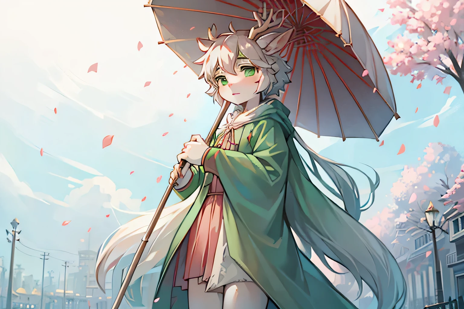 A white deer，Holding an umbrella，Green Eyes，antlers，street，Falling petals，Pink petals，Light green robe，Flowing robe，blue sky，Sea，Bleak atmosphere，A sad look