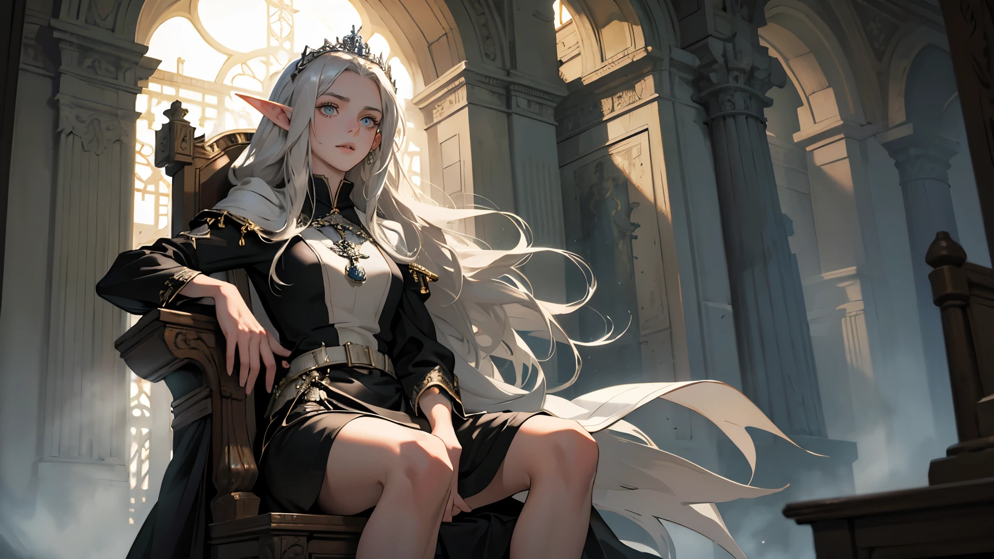 masterpiece, ultra detailed, 8K Portrait, Raw photo, a portrait photo of girl, Highly detailed face, beautiful and meticulous eyes, ((Fantasy)), (elf:1.0), 1woman, 30 year old, gray long hair, brown eyes, melancholy expression, tiara, skinny, (ultra thin black one-piece dress), hooded long white coat Fluttering in the wind, ((bare foots)), Midday Sun, Hyper realistic, out of medieval castle in the sky, sitting on the throne, Ambient lighting, Shadow details , strong breeze, Light fog