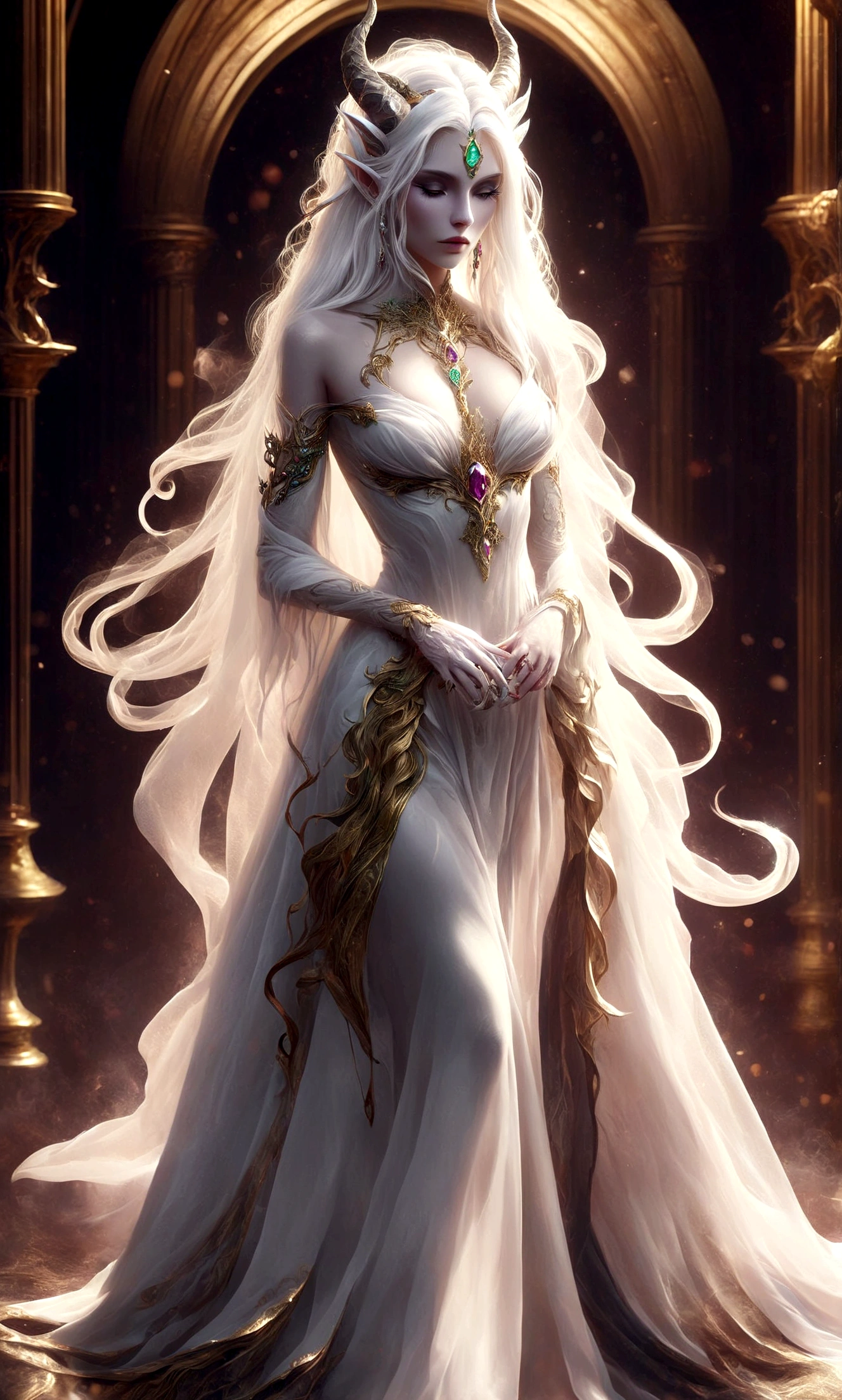 a woman in a white dress with horns and a veil, beautiful and elegant elf queen, epic exquisite character art, lolth, cushart krenz key art feminine, stunning character art, ((a beautiful fantasy empress)), goddess. extremely high detail, masterpiece goddess of sorrow, portrait of an elf queen, white haired deity, a beautiful fantasy empress