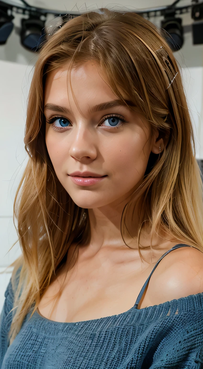 Magnifiques jeune femme beau visage cool cheveux long dans un studio d'enregistrement pour un podcast en direct blonde hair, blue eyes