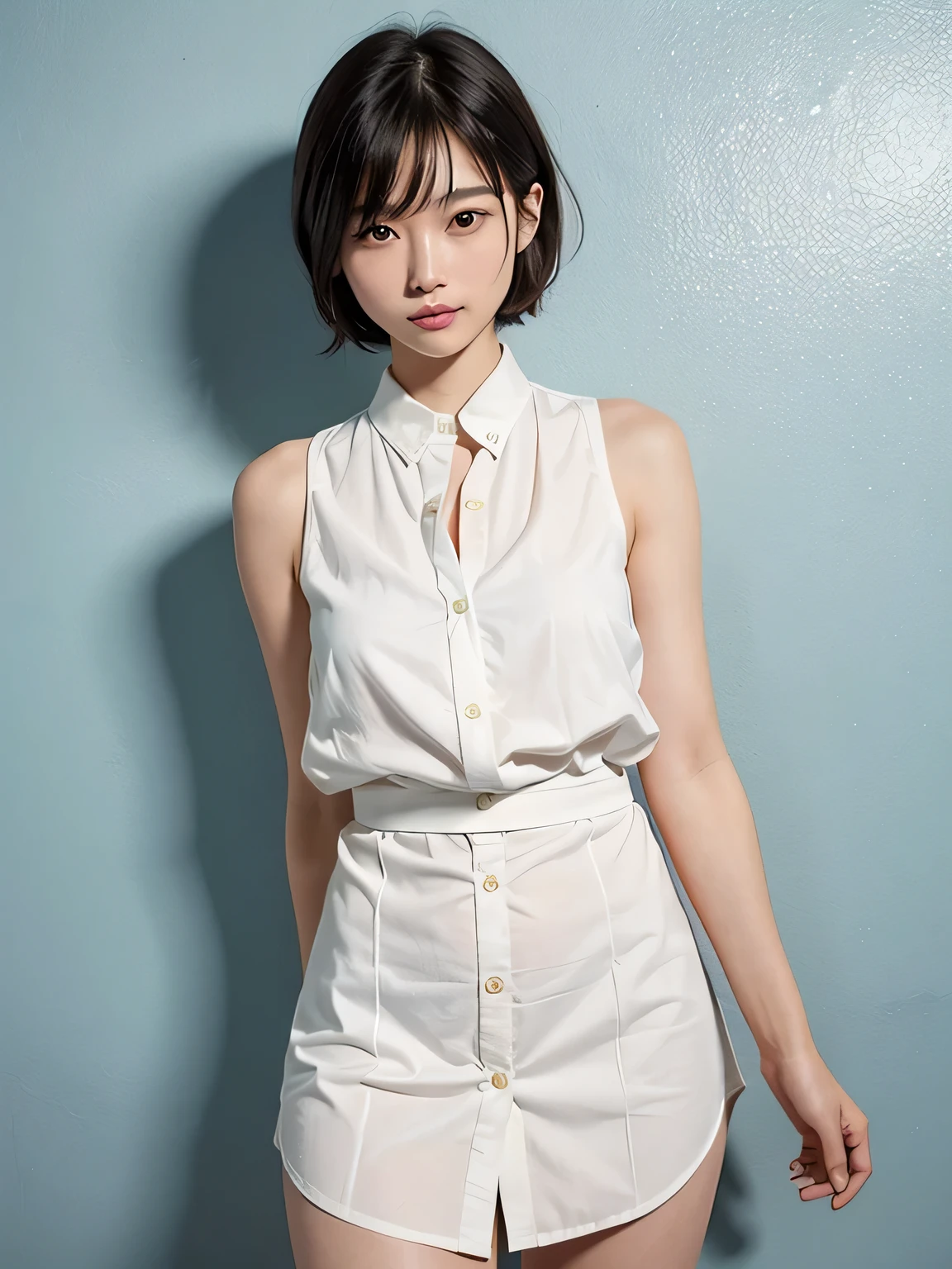 (highest quality,masterpiece:1.3,Ultra-high resolution),(Very detailed、Caustics) (Realistic:1.4, RAW shooting、)Ultra-Realistic Capture、Very detailed、Natural skin texture、masterpiece、(A Japanese woman wearing a sleeveless white button-down shirt dress:1.3), slender、Adorable expression、Expressions of happiness、、height: 160cm、Young Face、Amazingly cute、Short Bob Hair、Straight hair、Scrunchie、Black Hair、light makeup、Shapely small breasts、Shining thighs、Skin Arm、Background details、smile、An inviting gaze、Anatomically correct、Cowboy Shot、Attention to detail、Light blue wall、Empty Hands、I can see your thighs、sexy