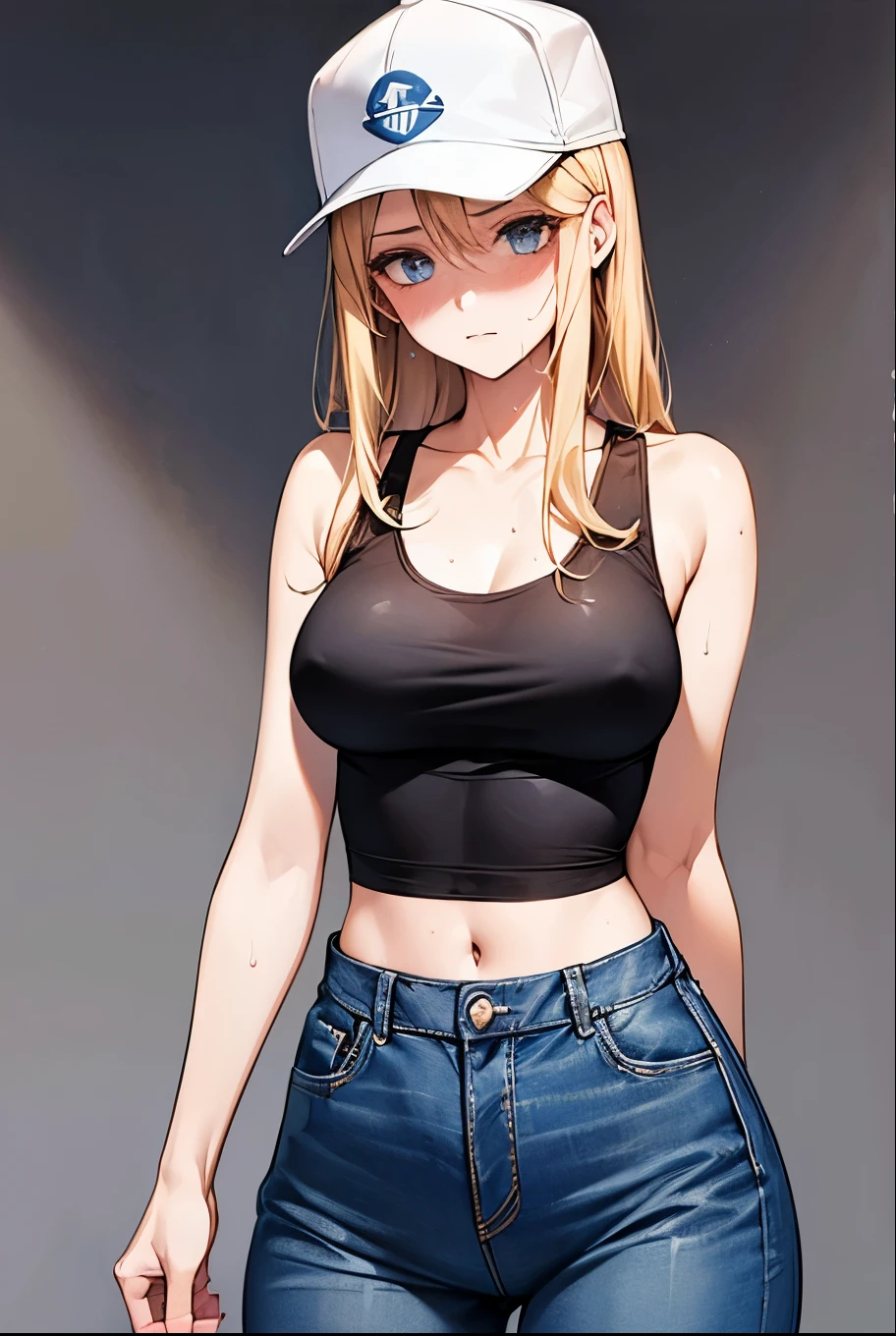 masterpiece, highest quality, 1 girl, Young Wife、Beautiful face in every detail, (Embarrassing), Browsing Caution, Blonde Hair, Baseball cap、(Sweat), A tight tank top that shows off your bust、long denim pants、 (Mid-chest、thin)、Standing pose