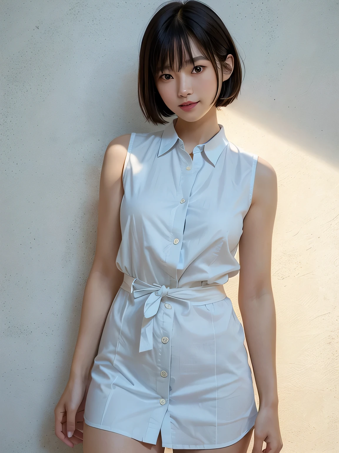 (highest quality,masterpiece:1.3,Ultra-high resolution),(Very detailed、Caustics) (Realistic:1.4, RAW shooting、)Ultra-Realistic Capture、Very detailed、Natural skin texture、masterpiece、(A Japanese woman wearing a sleeveless white button-down shirt dress:1.3), slender、Adorable expression、Expressions of happiness、14 years old、height: 160cm、Young Face、Amazingly cute、Short Bob Hair、Straight hair、Scrunchie、Black Hair、light makeup、Shapely small breasts、Shining thighs、Skin Arm、Background details、smile、An inviting gaze、Anatomically correct、Cowboy Shot、Attention to detail、Light blue wall、Empty Hands、I can see your thighs、sexy