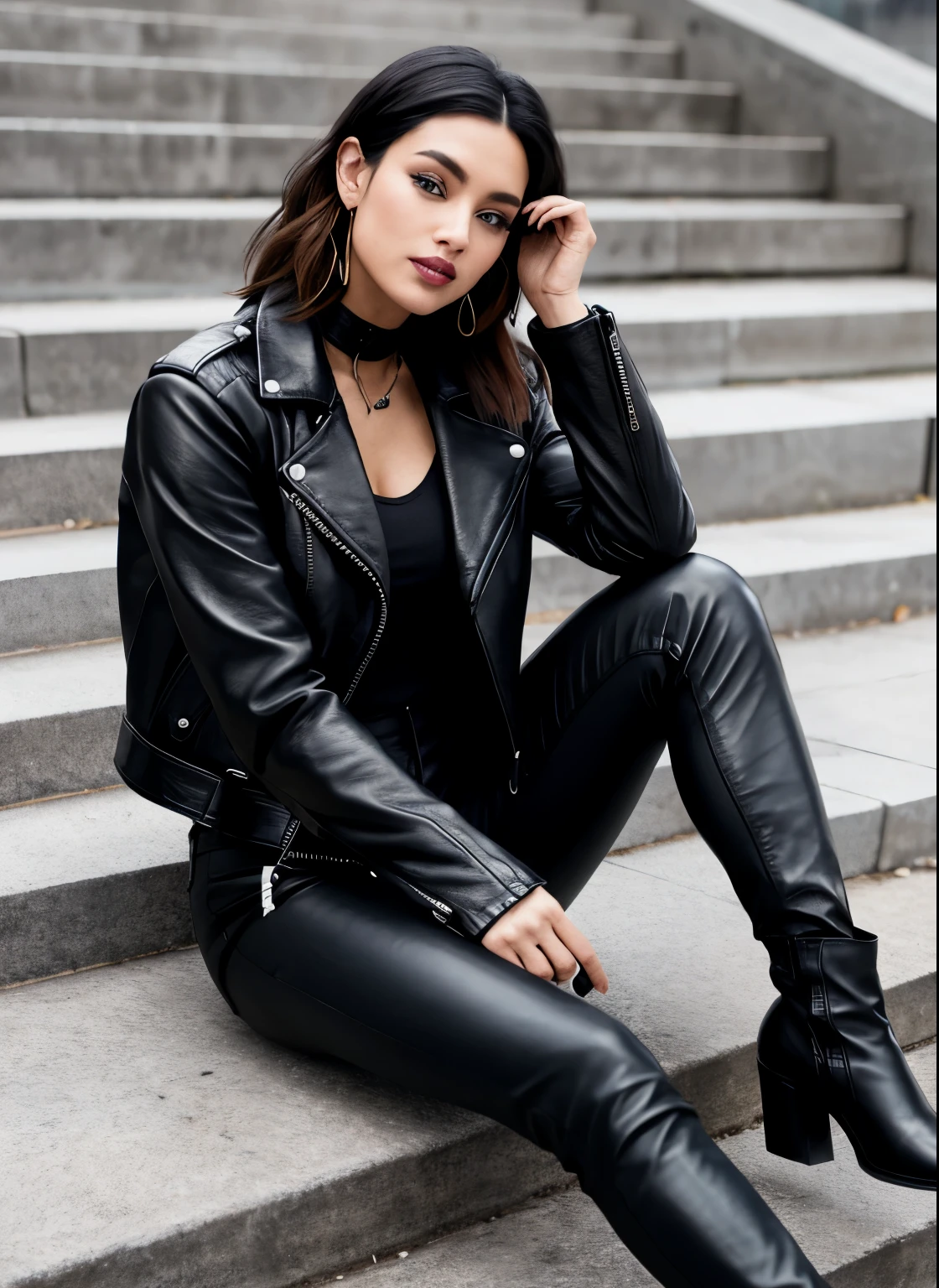 Arabian woman sitting on stairs wearing black leather jacket and black pants, total Black clothes, Black clothes, Whole body black, Wearing stylish black clothing, Black clothesを着ている, Sit on the ground, wears leather jacket, leather clothing and boots, Leather clothing, wearing black tight clothes, Black clothesを着て, dressed in leather jacket, wears leather, Black clothesを着ている