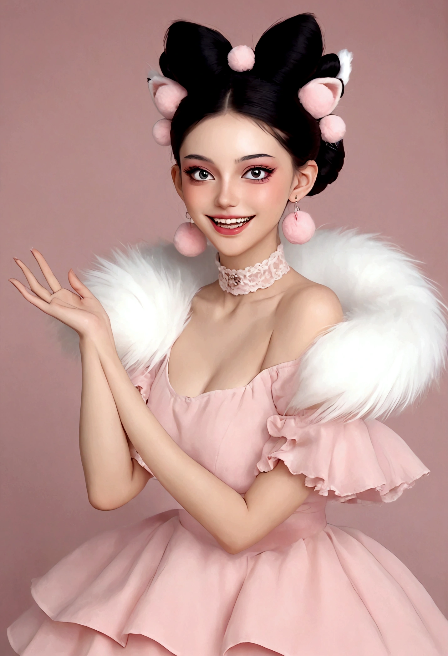 beautiful woman,detailed eyes,gorgeous makeup,pink eyeshadow,wide open smile,sharp fangs,large fluffy tail,voluminous black high bun,wispy bangs,pink fluffy pom pom earrings,high collar pink maid dress,bare shoulders,midriff exposed,multilayered lace frills,hand gestures,magic spell,(best quality,4k,8k,highres,masterpiece:1.2),ultra-detailed,(realistic,photorealistic,photo-realistic:1.37),vibrant colors,dramatic lighting，Fluffy fox tail