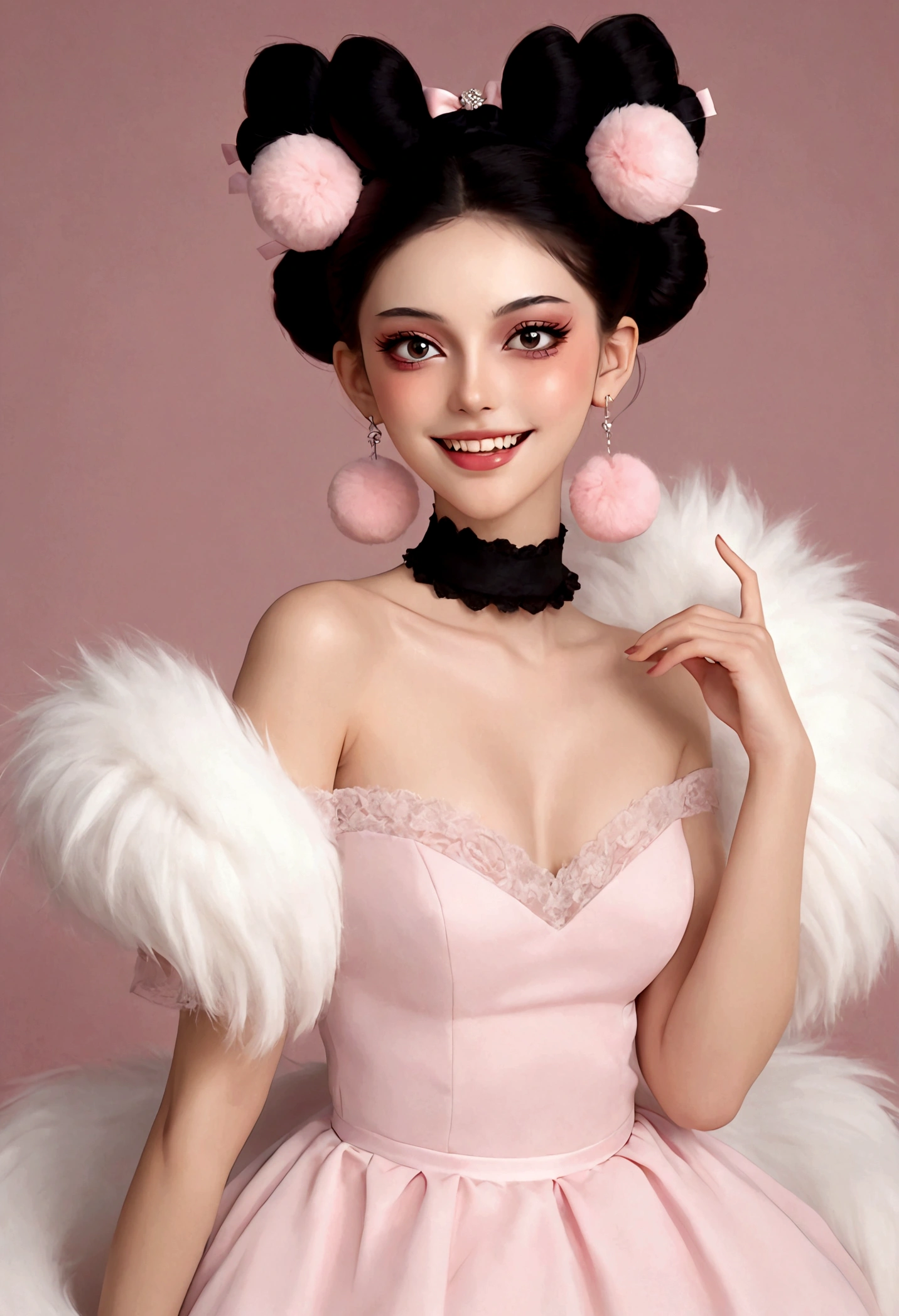 beautiful woman,detailed eyes,gorgeous makeup,pink eyeshadow,wide open smile,sharp fangs,large fluffy tail,voluminous black high bun,wispy bangs,pink fluffy pom pom earrings,high collar pink maid dress,bare shoulders,midriff exposed,multilayered lace frills,hand gestures,magic spell,(best quality,4k,8k,highres,masterpiece:1.2),ultra-detailed,(realistic,photorealistic,photo-realistic:1.37),vibrant colors,dramatic lighting，Fluffy fox tail