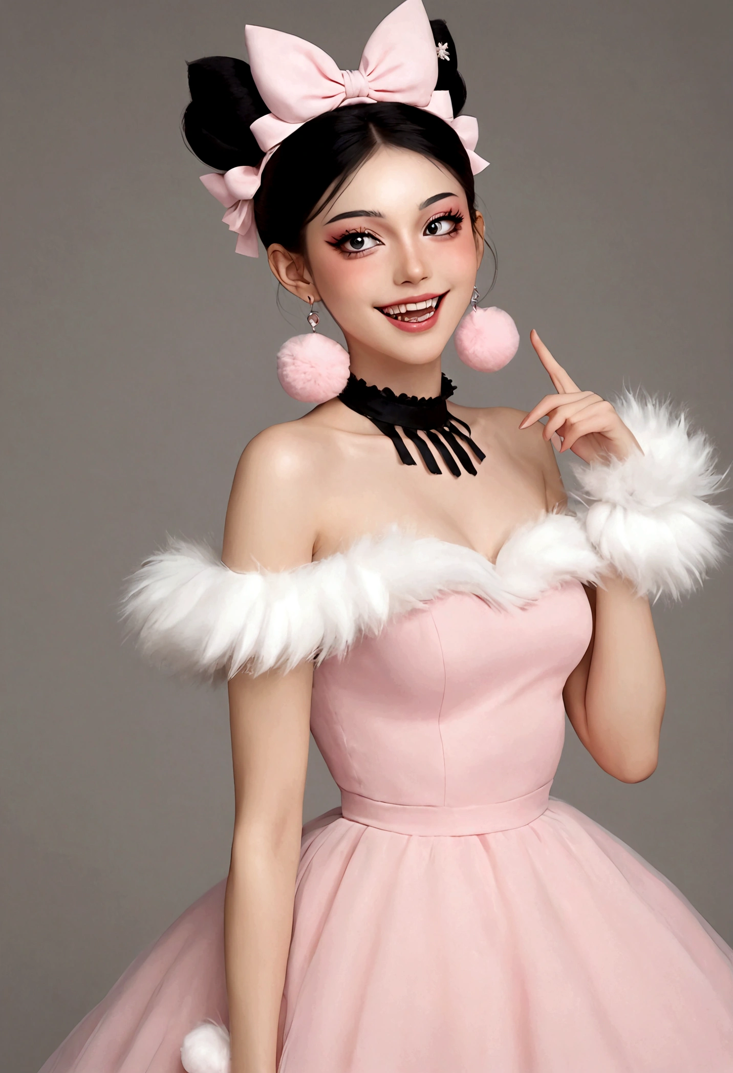 beautiful woman,detailed eyes,gorgeous makeup,pink eyeshadow,wide open smile,sharp fangs,large fluffy tail,voluminous black high bun,wispy bangs,pink fluffy pom pom earrings,high collar pink maid dress,bare shoulders,midriff exposed,multilayered lace frills,hand gestures,magic spell,(best quality,4k,8k,highres,masterpiece:1.2),ultra-detailed,(realistic,photorealistic,photo-realistic:1.37),vibrant colors,dramatic lighting，Fluffy fox tail