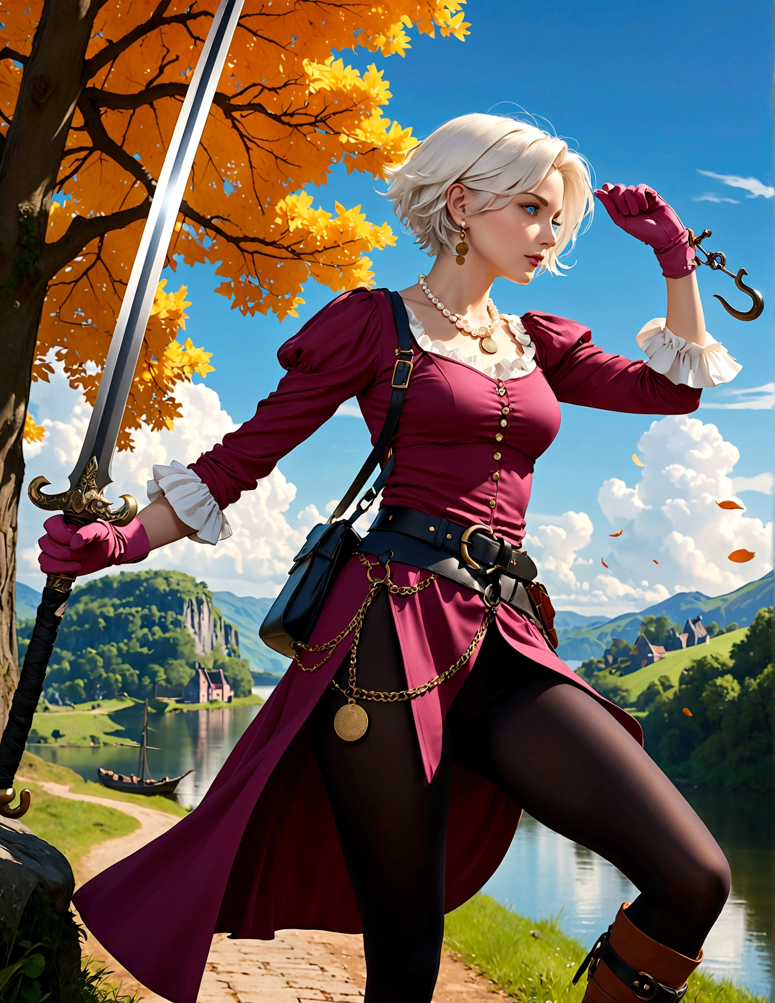 (masterpiece, best quality:1.1), thief (dq3), 1 Girl, Solitary, short hair, white hair, blue eyes, Medium breasts, Pink gloves, Jewelry, Pearl necklace, earrings, belt, sword, Breastplate, Black tights, Bag, (coin, sword on hip:1.2), (Hook of Holland, Dynamic poses, from the side:1.3), (Blue sky, nature:1.2) 