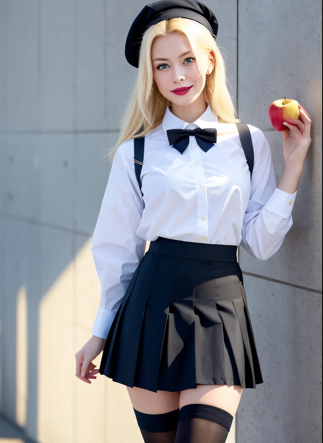 A blonde woman wearing a white shirt and a black skirt holding an apple, As a strict school teacher ), Knee socks and skirt, a Surreal , high school girl, wear headmistress uniform, high school girlの格好をした, リアルなhigh school girl, かわいいhigh school girl, Surreal , , wear , Very attractive, mini skirt, wear skirt and high socks