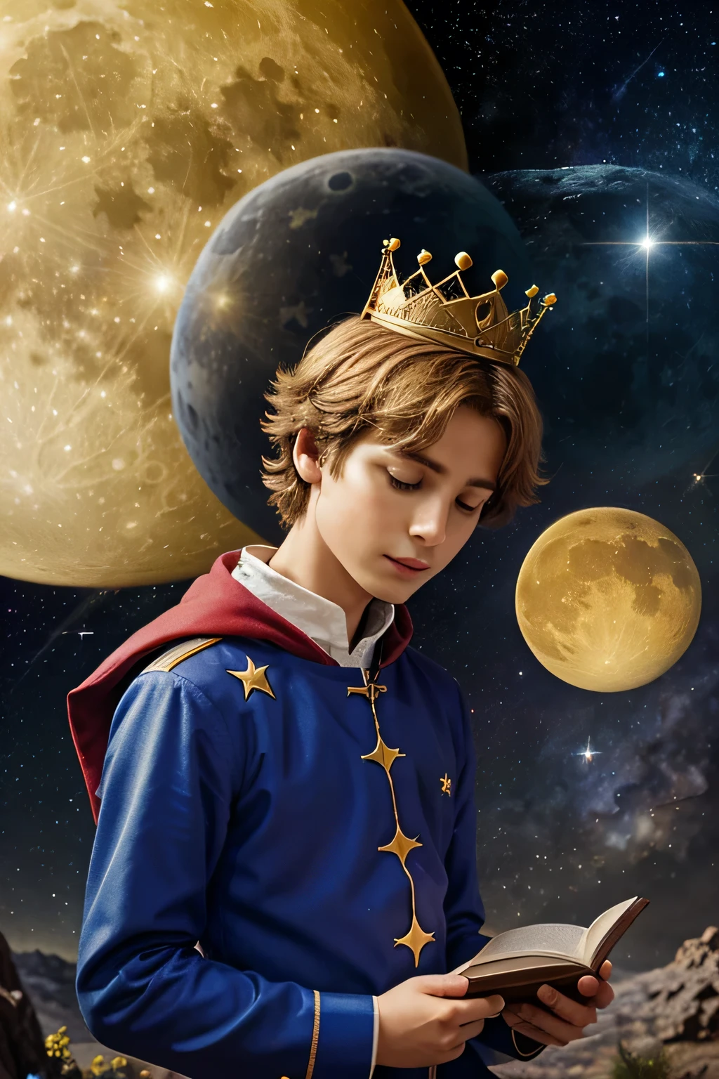 /txt Ellustaria for the book the little prince, the prince is on the full moon at full height, he holds a golden crown in his hands, there are many different planets around him, one star has fallen on the right side,
