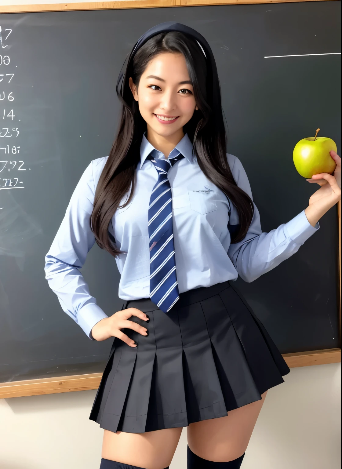 Arabian woman in a skirt holding an apple in front of a blackboard, As a strict school teacher ), high school girl, Knee socks and skirt, Wearing the principal's uniform, a hyperリアルなhigh school girl, high school girlの格好をした, リアルなhigh school girl, school uniform, hyperリアルなhigh school girl, wearing , cute , mini skirt, wearing