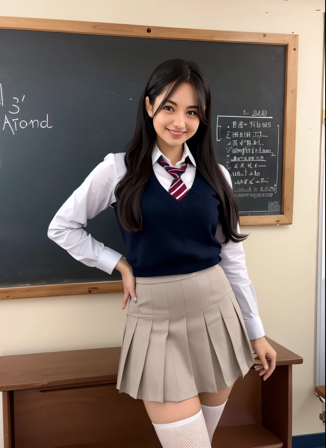 young and cute american woman、by rubio、with bangs、SMILE、Skinny body、wearing a red tie、White shirt、plaid pleated skirt、In the school classroom、 arms up, showing armpit