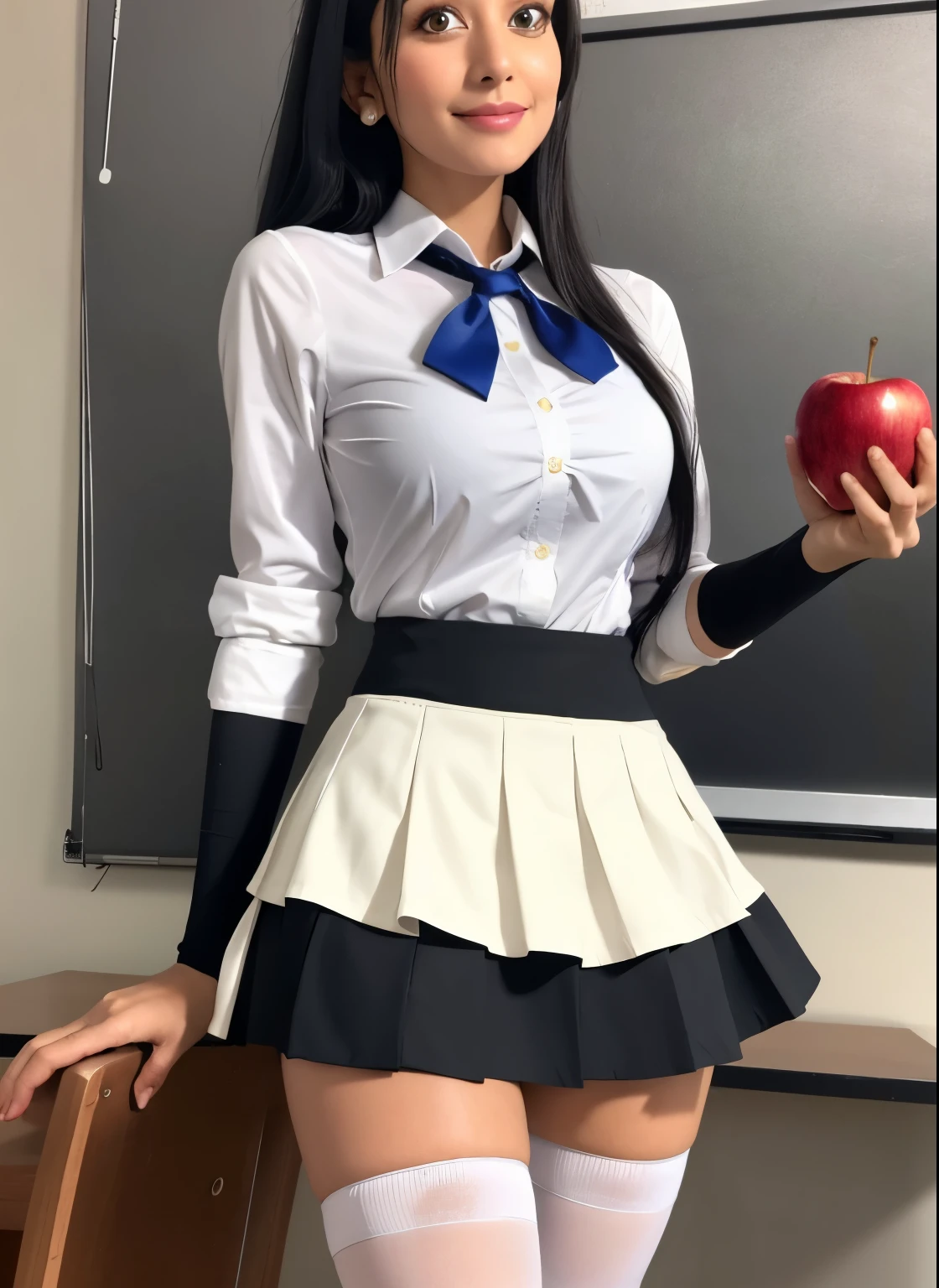 Arabian woman wearing a skirt and white shirt holding an apple, Knee socks and skirt, pencil mini skirt, Wearing a skirt, mini skirt, Wearing a skirt and high socks, Standing in class, Leg and thigh shots, high school girl, Exposed thighs, mini skirt, As a strict school teacher ), Surreal , Beautiful legs