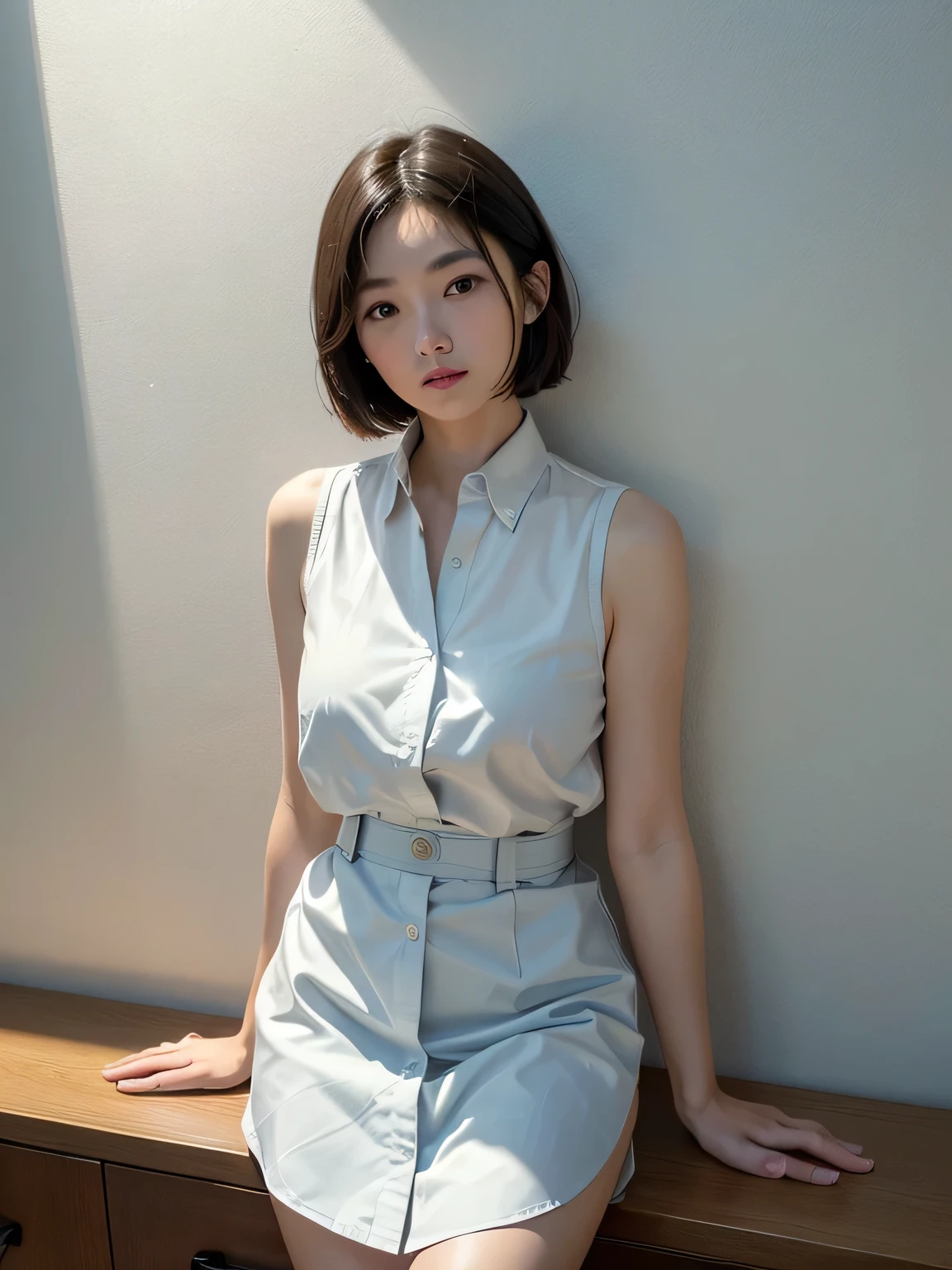 Masterpiece, 1 girl, leaning against curtains, faint smile, shiny skin, best quality, masterpiece, photo realistic (realistic: 1.4), short black skirt, focal length on the person, (large aperture: 1.2), messy hair, interior