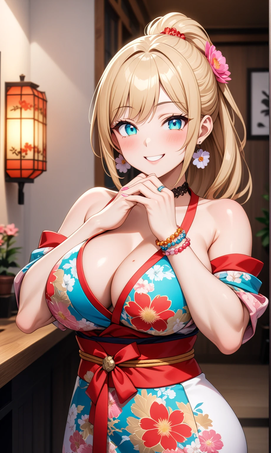 ((one personの女性)), Beautiful Face, Laughing embarrassedly,((Wink:2.3)),((She is holding her cheeks with both hands and has a joyful smile:2.0)),Laughing with your mouth open,((Red cheeks:1.4)),Lighting on the face,Glossy pink lips,night,rooftop,Festive decorations,You can see the ocean, firework,((Anime style background)),masterpiece, highest quality, so beautiful, Latest, Complex details, (Pink long nails),(ring),(flower bracelet),Floral choker,AI-generated, Complex,High resolution, highest quality, super high quality,3D Images、View your viewers、3D Images,one person,Long Blonde Hair,High Ponytail,Turquoise Eyes,Anime woman posing for a photo, (Fine grain,Colorful eyes,Shining Eyes:1.4),(Squint your eyes:1.1),a hyperRealistic , hyperRealistic , Realistic,Blonde anime woman with long hair, Smooth anime CG art, A woman in a colorful kimono with gold embroidery, (Pink kimono),Red floral pattern,Long flower hair ornament,Large floral earrings,(ring),(Big Breasts:1.1),Mature Body,Tall,Big Ass,Fine details,Narrow waist,Abdominal muscles,(Zoom in on face:1.0),