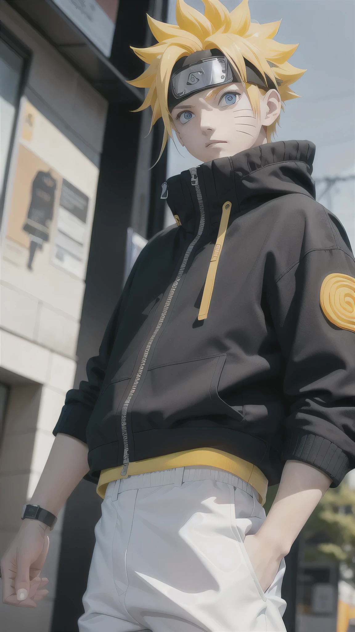 Masterpiece, 1boy, Superb Style, streetwear Supreme chothes, Outdoor, Upper Body, Uzumaki Naruto, blue eyes, yellow hair, cool boy