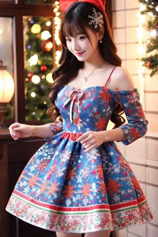 One girl, bangs, Blue Hair, bow, box, bracelet, Christmas, Christmas tree, Cowboy Shot, dress, Earrings, Fishnet tights, flower, gift, gift box, hair ornaments, Hamel, jewelry, View Viewer, Multicolored Hair, necklace, pantyhose, Lips parted, Purple eyes, red dress, ribbon, Rose, short hair, smile, alone, Knee socks