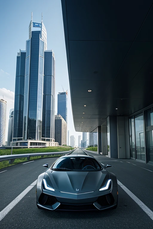 Car of the future against the background of a skyscraper