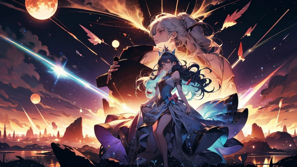 Princess, magical, fantasy, war, blood, floating hair, epic, burning village, anger, Psychedelics effects, meteor, cosmos