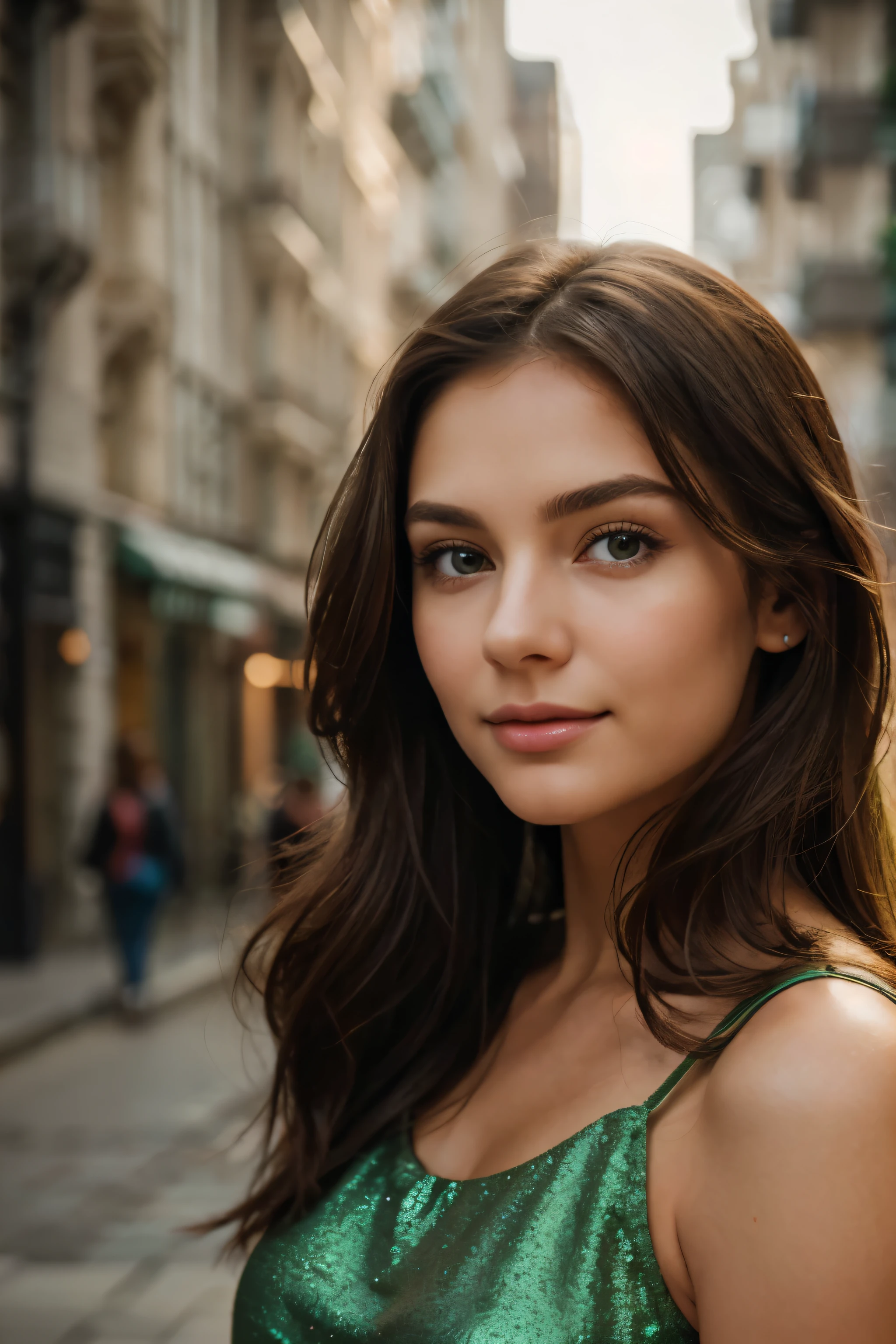 Create an ultra-realistic image of a beautiful young woman with the following features: brunette hair, shiny and slightly wavy, falling just below her shoulders. She has deep green eyes that stand out against her fair and radiant complexion. She is wearing natural makeup that highlights her delicate features and piercing eyes. She has a gentle smile, creating a warm and welcoming atmosphere. The background is a blurred urban landscape with soft lights, emphasizing her expressive face and bright eyes.