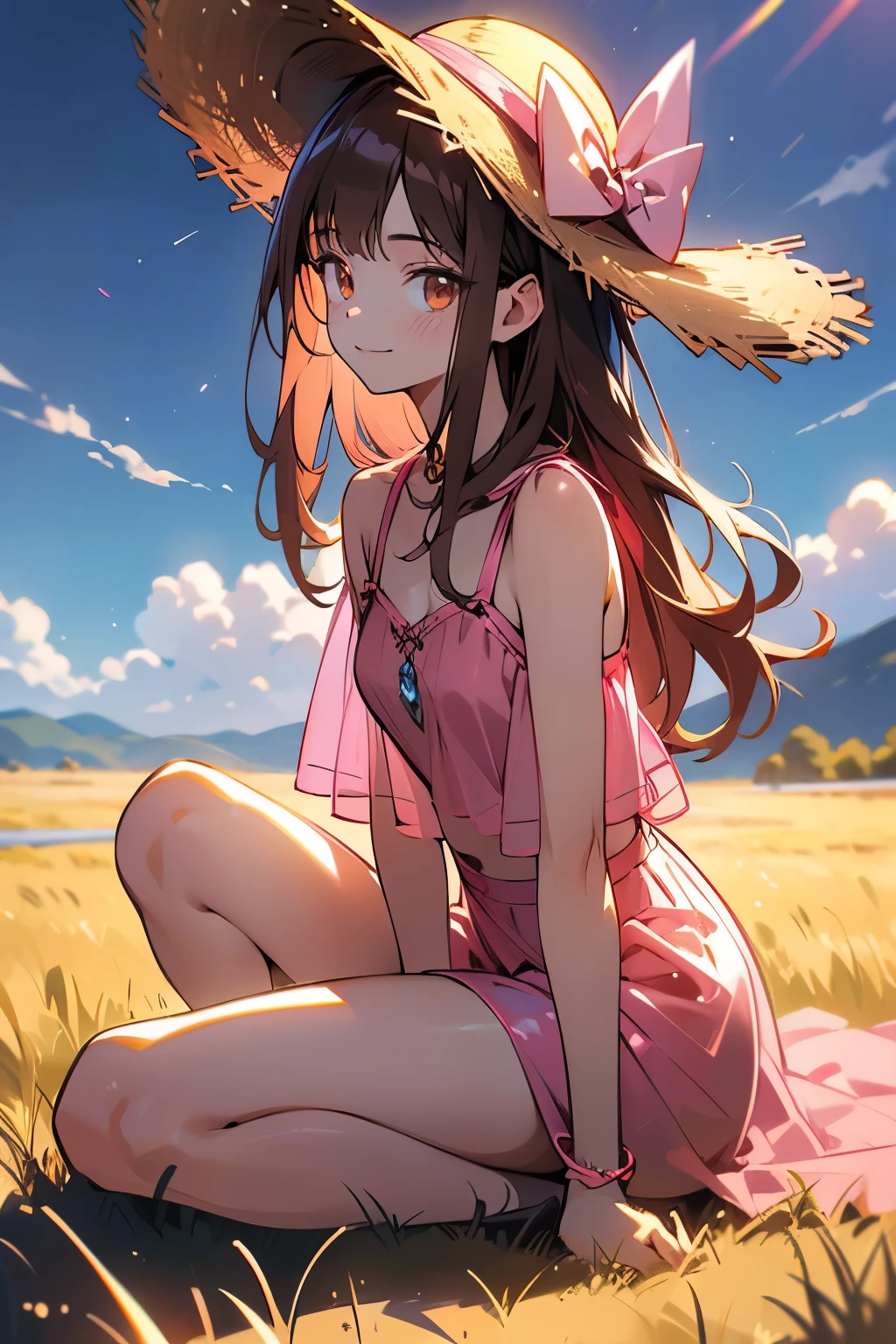 (highest quality, 4k, High resolution, masterpiece:1.2), Super detailed, (anime style, photorealistic:1.37), cinematic light, Bright colors and mesmerizing effects, Soft and delicate lighting, gentle shine, Beautiful and gentle atmosphere throughout the scene, (1girl:1.5), joven, (Cara finamente detallada:1.4, Ropa detallada), (Detallado:1.4) named (Eimi Fukada:1.1) BREAK Cara hermosa, Profundidad de campo, Agregar capa, 27 years old, Modelo de cuerpo perfecto, senos perfectos, 175cm de altura, pose sexy, full body, cuerpo completo, Tipo de cuerpo del modelo, BREAK (pink tiny lingerie:1.3), (Cabello largo:1.3), (brunette:1.1), dark brown hair, doble parpado, (reddish brown eyes:1.5) BREAK blush, long hair, nijistyle, smile, golden field with a small barn, a few clouds, (cowboy shot:0.1), sitting on the grass, hat