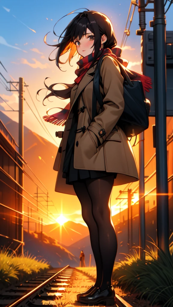 style by snitt,impasto, 1girl, outdoors, solo, sunset, scarf, bag, scenery, railroad tracks, coat, sky, skirt, standing, long hair, grass, power lines, ground vehicle, evening, mountain, pantyhose, black hair, road, brown hair, black footwear, holding, train station, long sleeves 