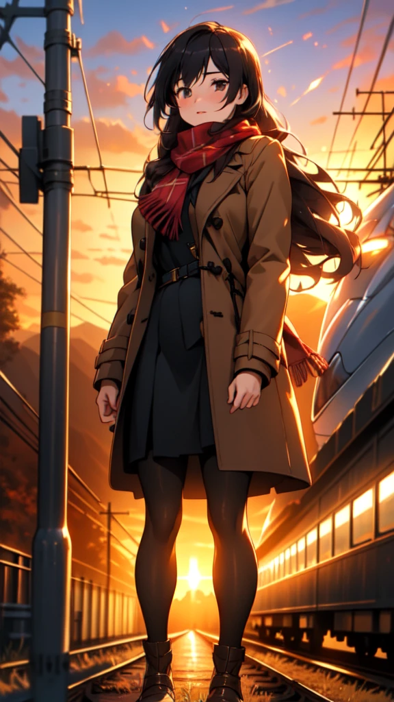 style by snitt,impasto, 1girl, outdoors, solo, sunset, scarf, bag, scenery, railroad tracks, coat, sky, skirt, standing, long hair, grass, power lines, ground vehicle, evening, mountain, pantyhose, black hair, road, brown hair, black footwear, holding, train station, long sleeves 