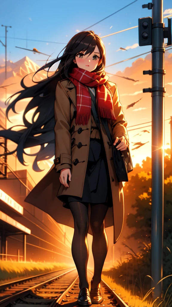 style by snitt,impasto, 1girl, outdoors, solo, sunset, scarf, bag, scenery, railroad tracks, coat, sky, skirt, standing, long hair, grass, power lines, ground vehicle, evening, mountain, pantyhose, black hair, road, brown hair, black footwear, holding, train station, long sleeves