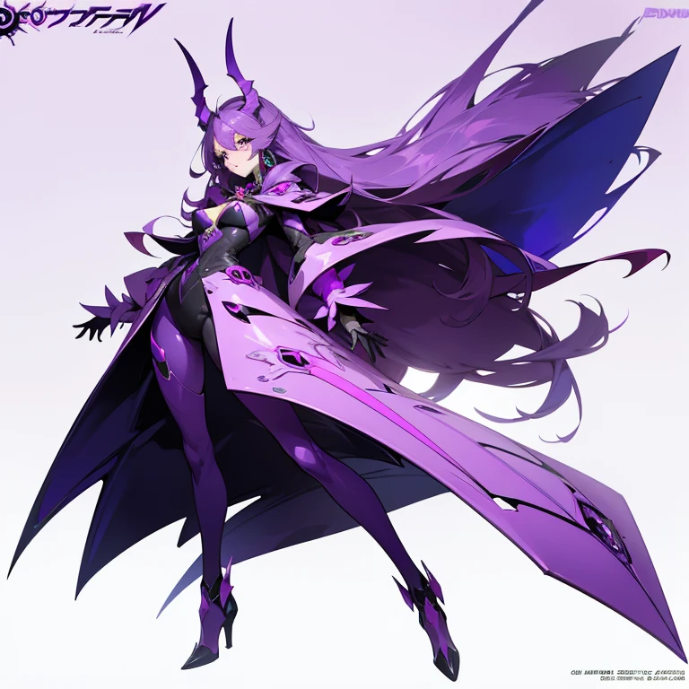 a close up of a cartoon character with a purple outfit, glamorous angewoman digimon, weirdcore voidpunk fursona, official character art, full body concept, villain pose, demon noble character design, female fursona, humanoid form, full body adoptable, character adoptable, dark witch character, long haired humanoid fursona, full body character concept