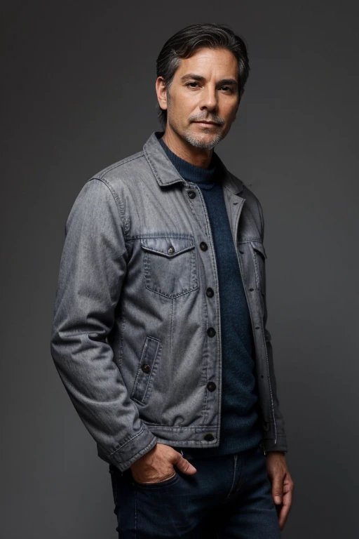 Middle aged man, thin, tall with gray in dark hair, in a dark gray jacket and blue jeans