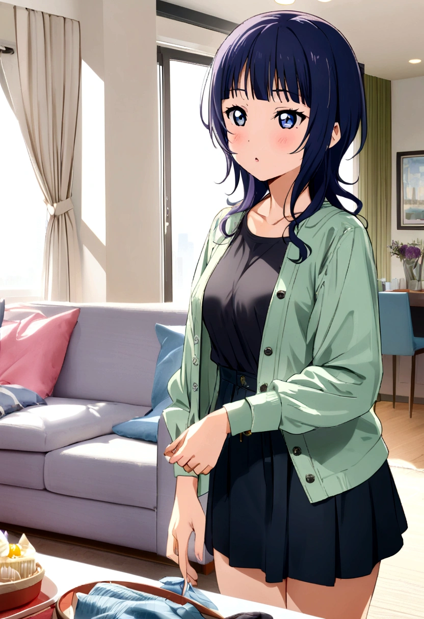 1girl, asaka karin, Love live nijigasaki, modern living room background, casual clothes,