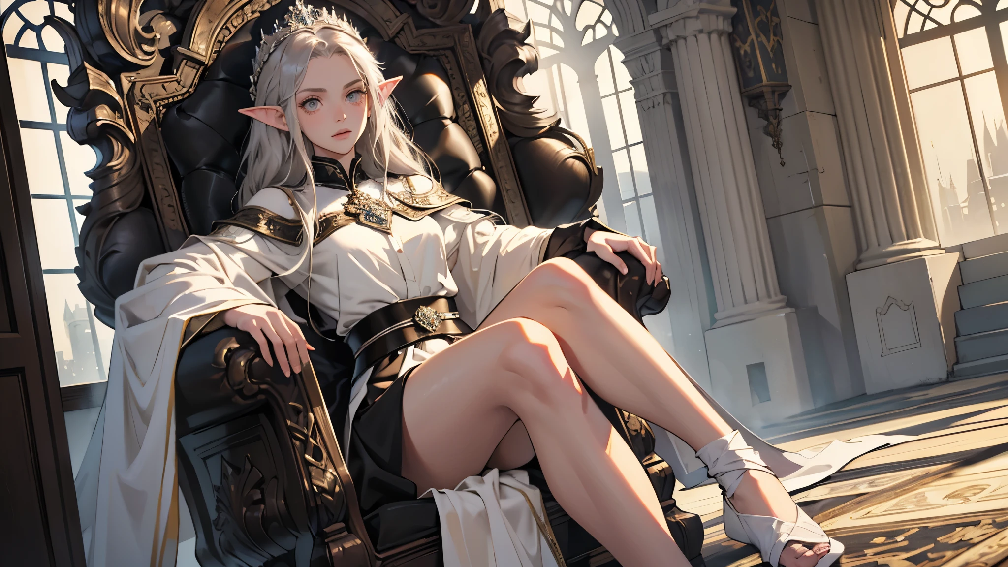 masterpiece, ultra detailed, 8K Portrait, Raw photo, a portrait photo of girl, Highly detailed face, beautiful and meticulous eyes, ((Fantasy)), (elf:1.0), 1woman, 30 year old, gray long hair, brown eyes, (melancholy expression:1.5), tiara, skinny, (ultra thin black transparent silk cloth), hooded long white coat Fluttering in the wind, ((bare foots)), Midday Sun, Hyper realistic, out of medieval castle in the sky, sitting on the throne, Ambient lighting, Shadow details , strong breeze, Light fog
