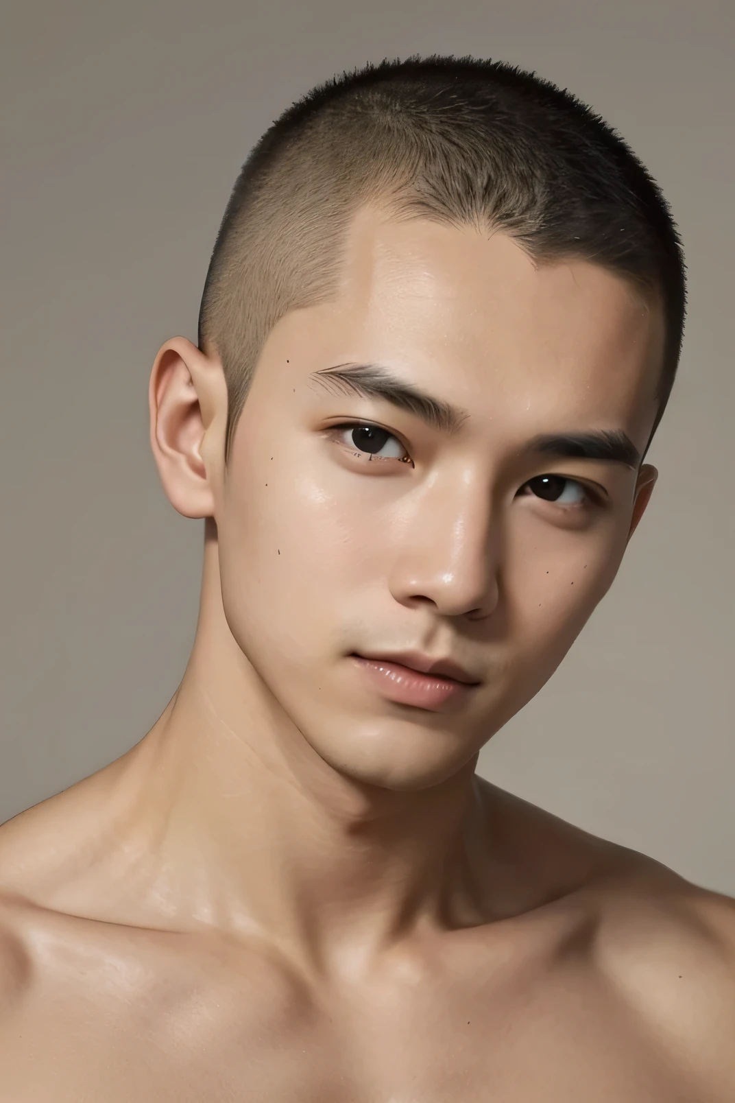 Handsome Japanese 22 year old model　 Face　smile　　Shaved head　Short black hair　Skinhead　　　Gray-toned plain background. Looking straight into the camera.　Beautiful Skin　nude　The whole head fits in　　Watery eye　blush　Shaved head　　Beautiful boy　Looking up　　Upper Body