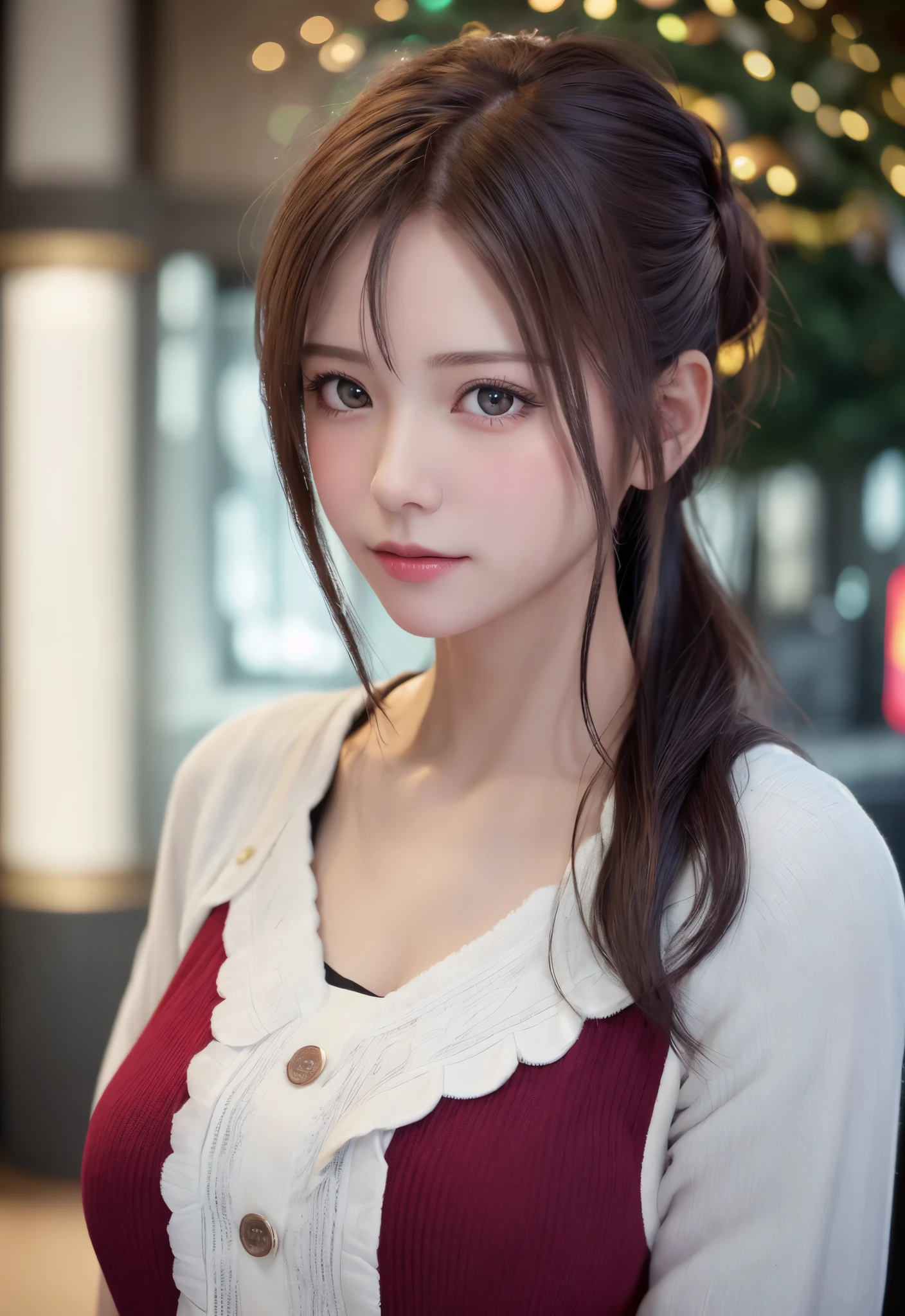 8K, of the highest quality, masutepiece:1.2), (Realistic, Photorealsitic:1.37), of the highest quality, masutepiece, Beautiful young woman, Pensive expression,、A charming、and an inviting look, cute santa clothes, Hair tied back, Cinematic background, Light skin tone